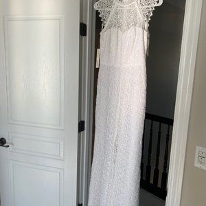 ML Monique Lhuillier Mock Neck Cap-Sleeve Vesper Lace Jumpsuit